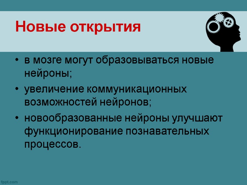 Новые открытия  в мозге могут образовываться новые нейроны; увеличение коммуникационных возможностей нейронов; новообразованные